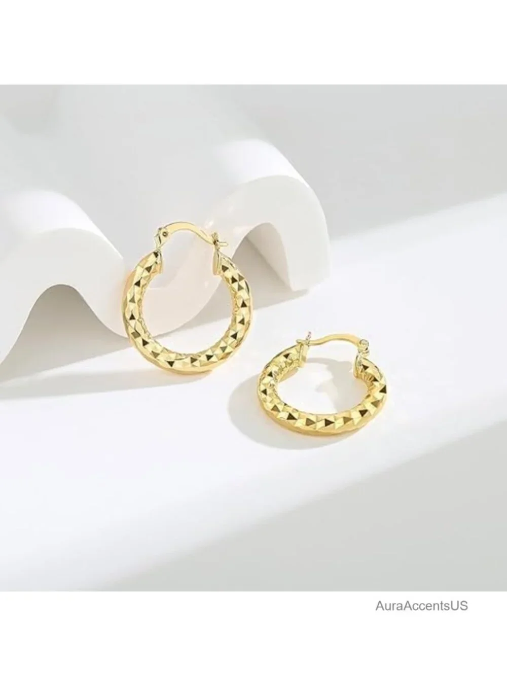 14K Gold Plated Hoop Earrings for Women Hypoallergenic Wrinkle Texture (Set of